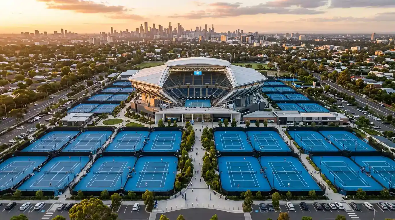 Vista aérea del complejo de tenis de Flushing Meadows durante el US Open con las pistas iluminadas al atardecer