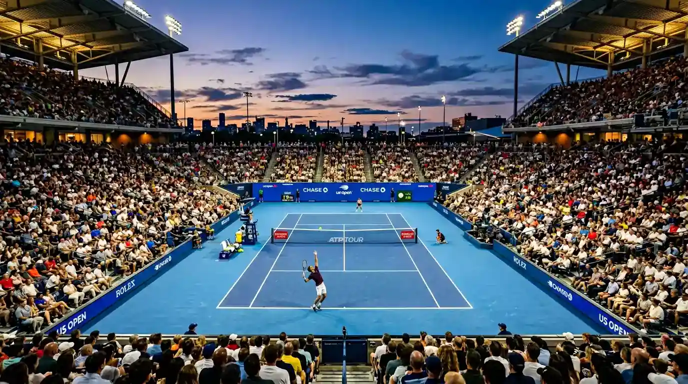 Panorámica del Arthur Ashe Stadium durante el US Open con las gradas llenas de espectadores